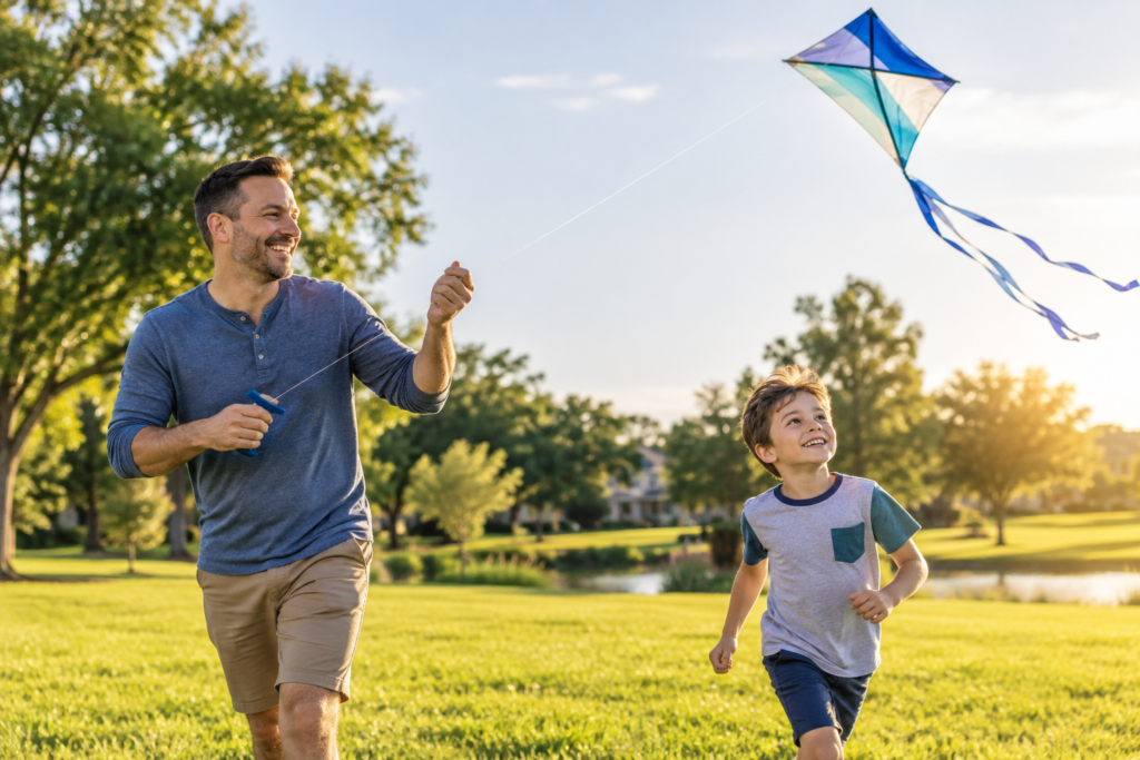 Dad feeling good playing with his son after applying stress control action plan