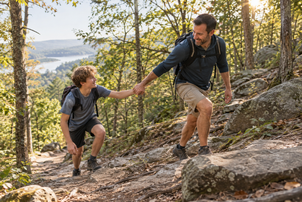 Photo of Father leading his son on a uphill hike with obstacles - Unbreakable Fathership