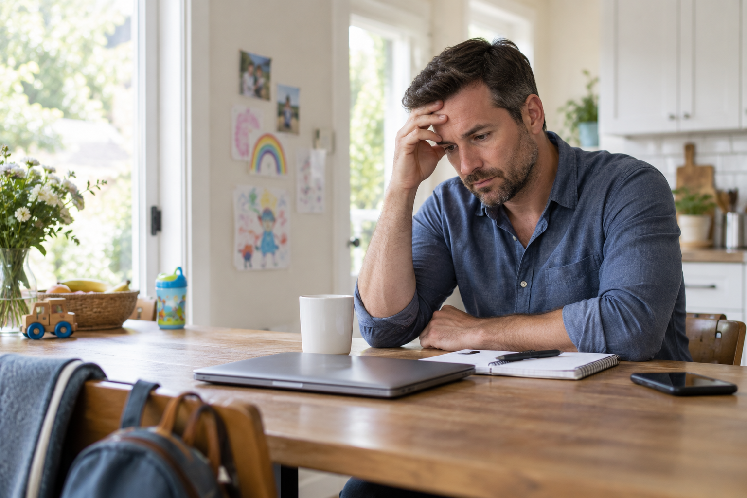 Overwhelmed dad stressed thinking at the table - Unbreakable Fathership